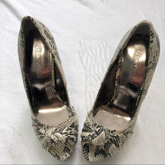 Colin Stuart snake print peep toe heels bow pumps size 7.5 NWOB - Picture 7 of 7